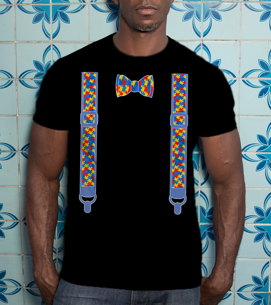 Autism Awareness Puzzle Pattern Bow Tie And Suspenders T-Shirt