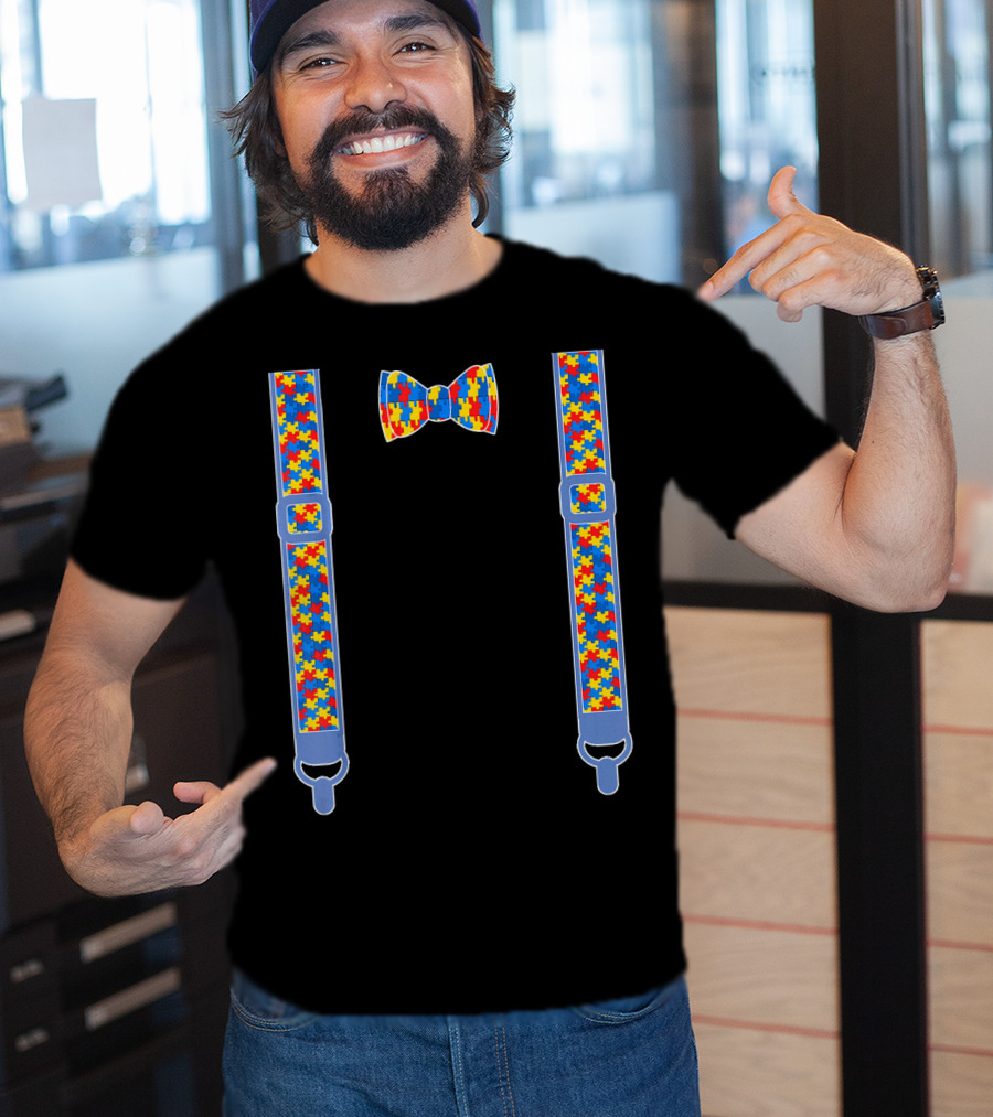 Autism Awareness Puzzle Pattern Bow Tie And Suspenders T-Shirt