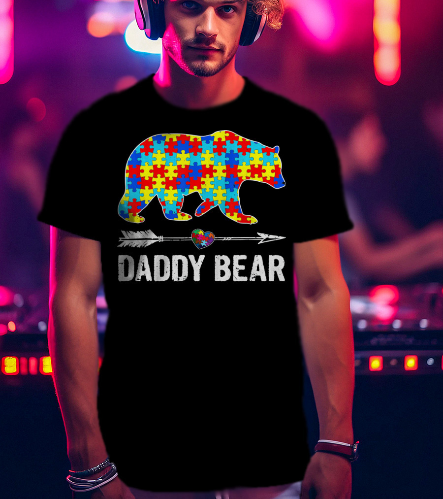 Daddy Bear Heart Arrow Puzzle Autism Awareness T-Shirt