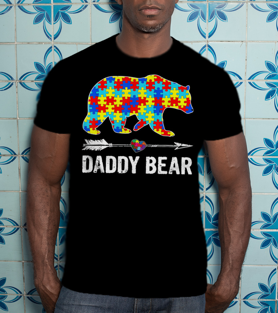 Daddy Bear Heart Arrow Puzzle Autism Awareness T-Shirt