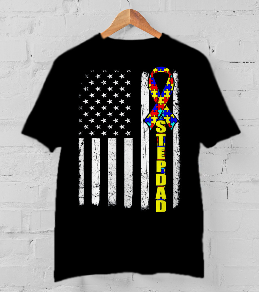Stepdad Autism Awareness Puzzle Ribbon American Flag T-Shirt