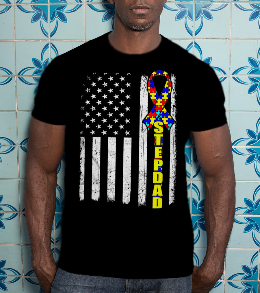 Stepdad Autism Awareness Puzzle Ribbon American Flag T-Shirt