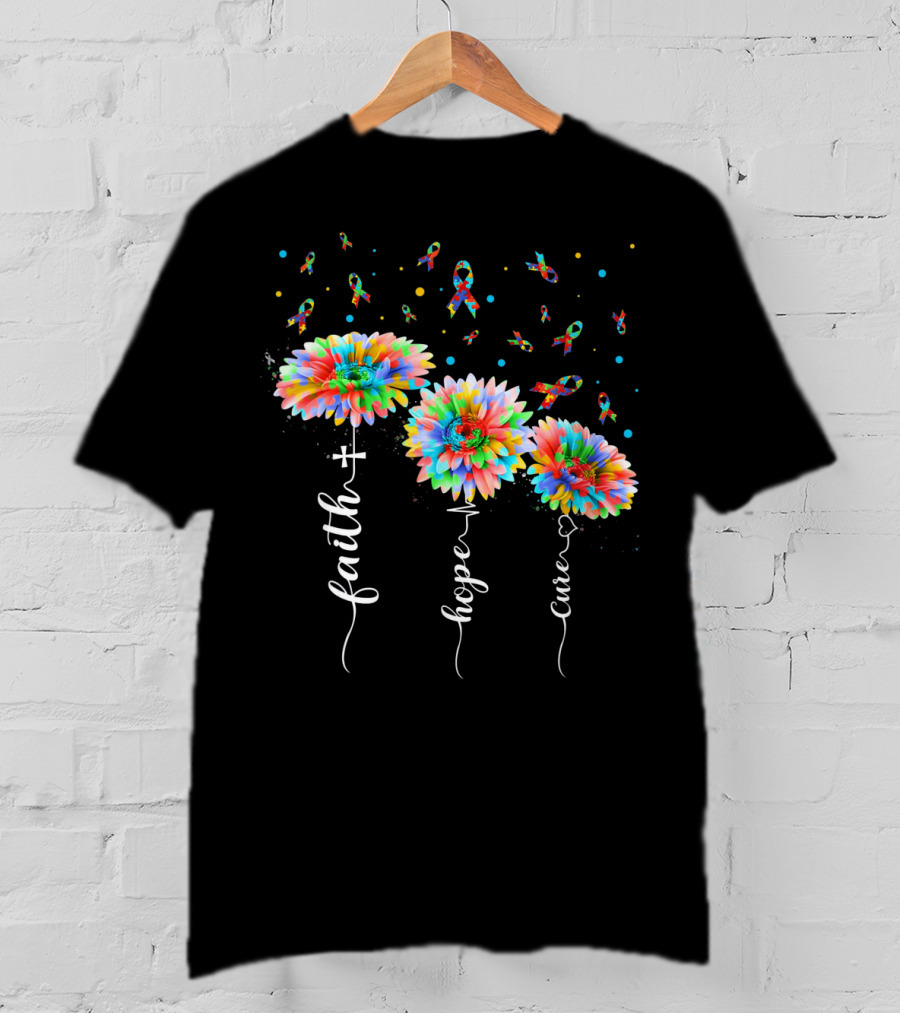 Faith Hope Cure Colorful Sunflowers Autism Awareness Puzzle Pieces T-Shirt
