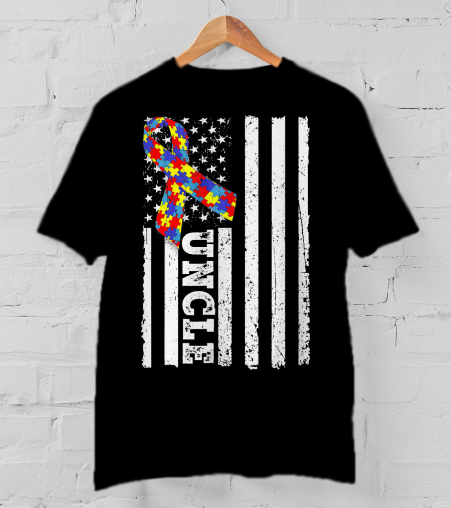 UNCLE Puzzle Ribbon American Flag Autism Awareness T-Shirt