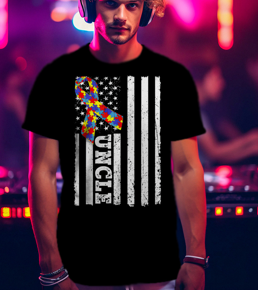 UNCLE Puzzle Ribbon American Flag Autism Awareness T-Shirt