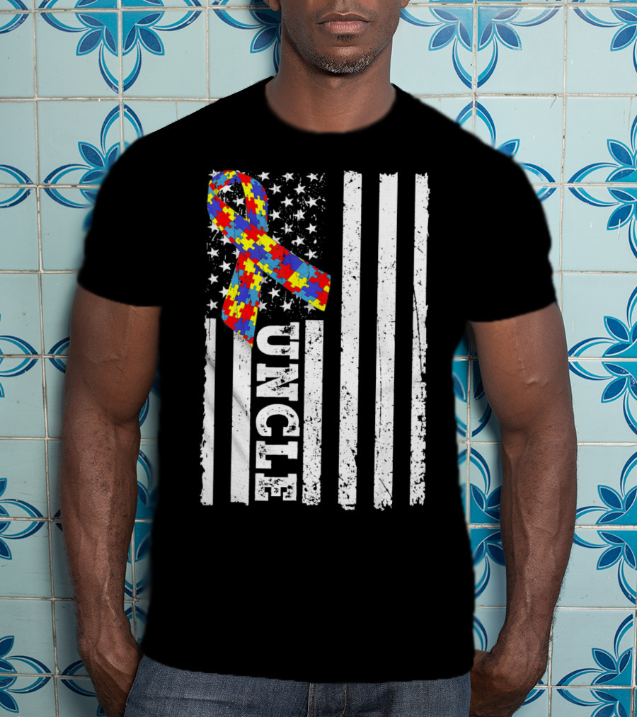 UNCLE Puzzle Ribbon American Flag Autism Awareness T-Shirt