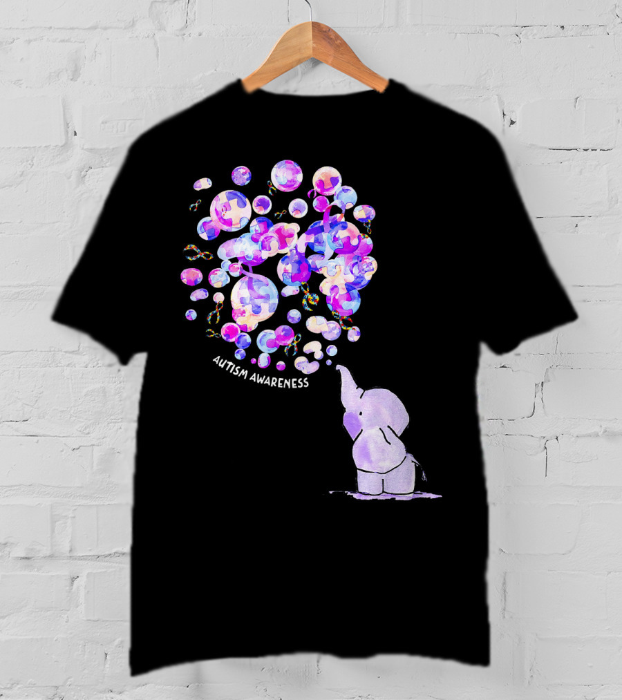 Elephant Blowing Puzzle Pieces Balloons Autism Awareness T-Shirt