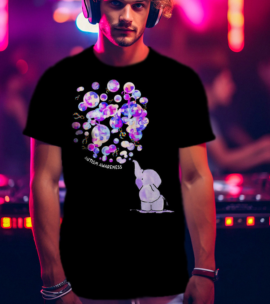 Elephant Blowing Puzzle Pieces Balloons Autism Awareness T-Shirt