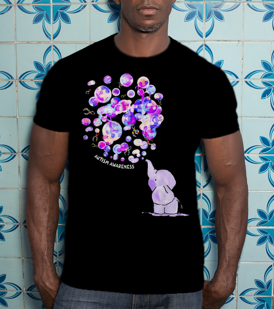 Elephant Blowing Puzzle Pieces Balloons Autism Awareness T-Shirt