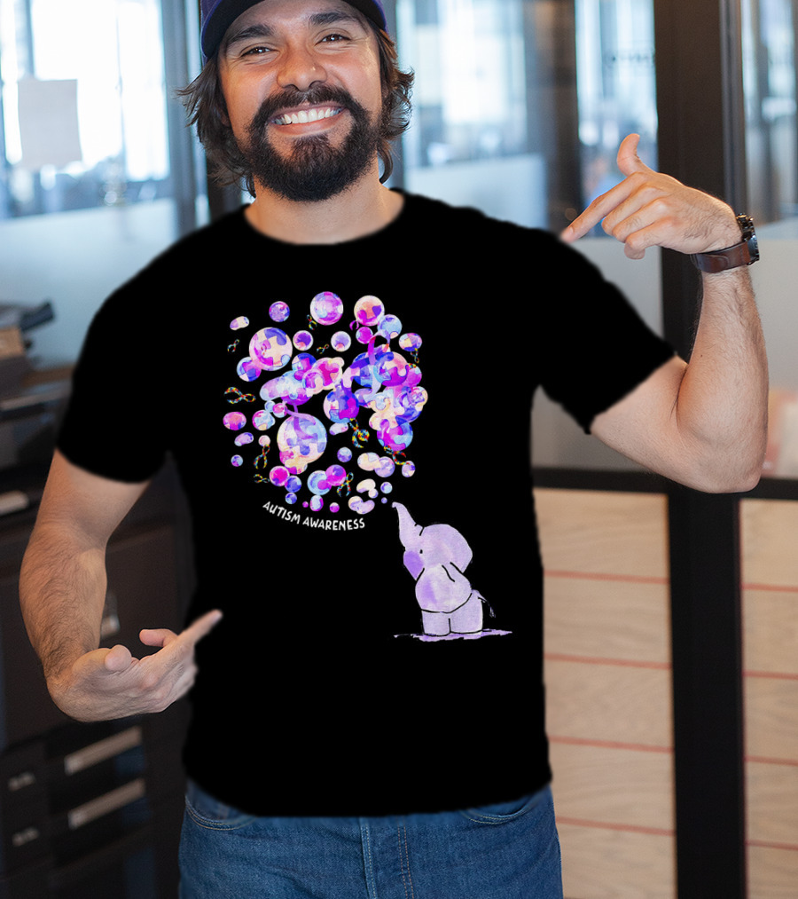 Elephant Blowing Puzzle Pieces Balloons Autism Awareness T-Shirt