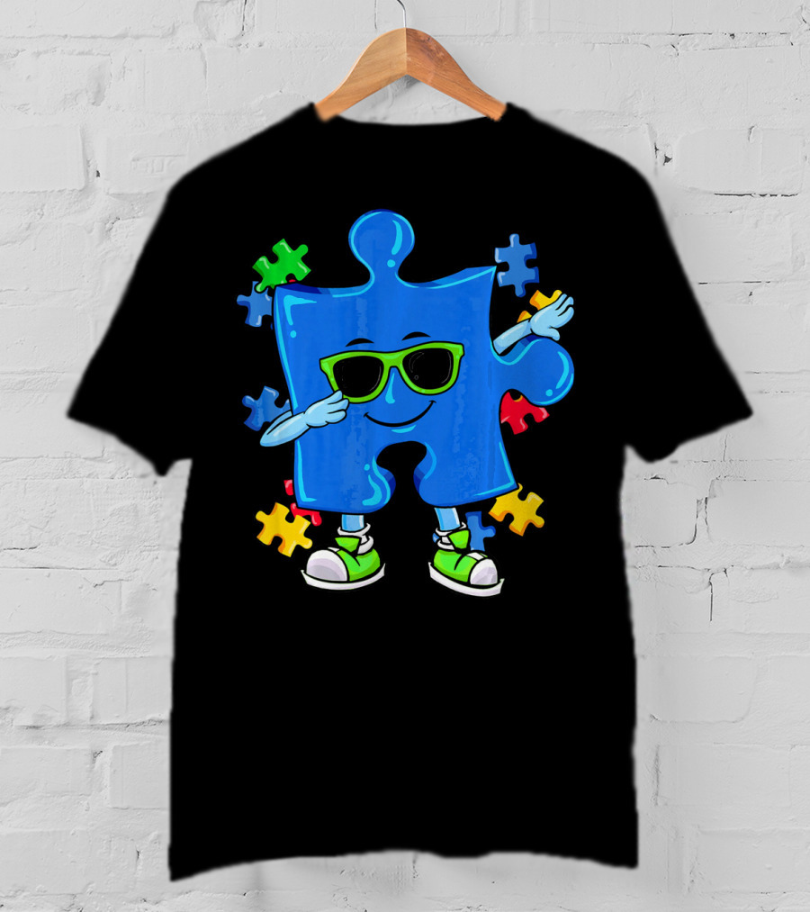 Dabbing Puzzle Piece Cool Sunglasses Autism Awareness T-Shirt