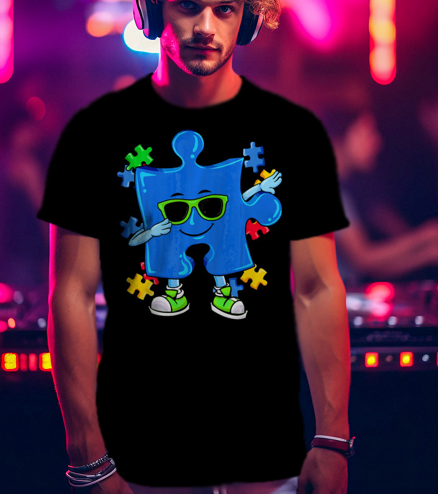 Dabbing Puzzle Piece Cool Sunglasses Autism Awareness T-Shirt