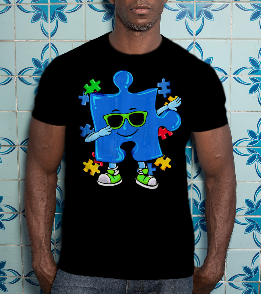 Dabbing Puzzle Piece Cool Sunglasses Autism Awareness T-Shirt