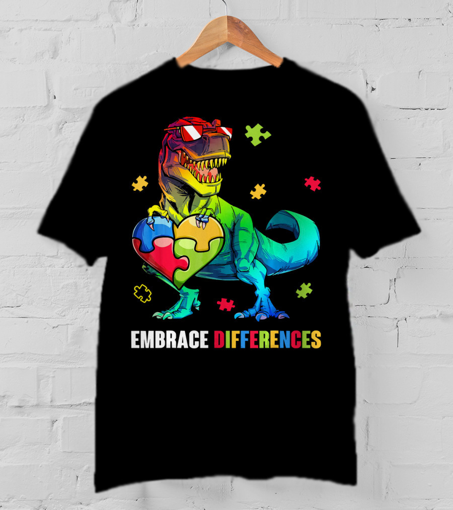 Embrace Differences Dinosaur Holding Heart Puzzle Pieces T-Shirt
