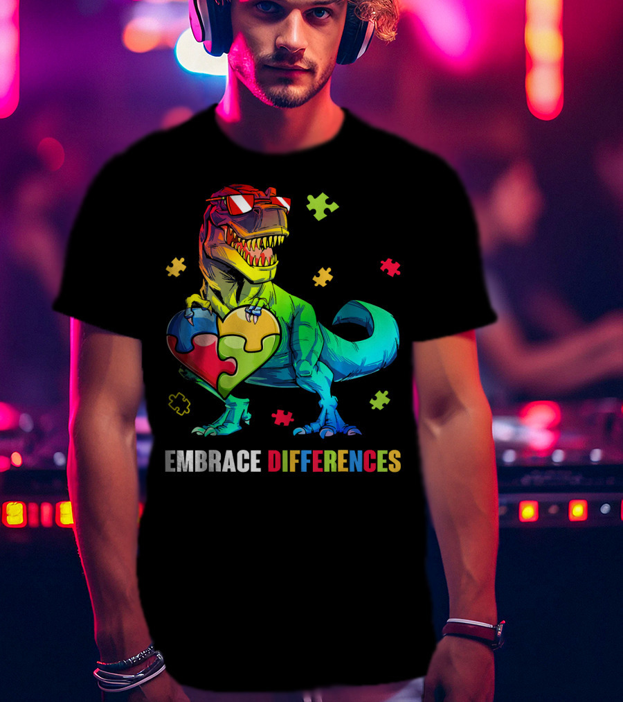Embrace Differences Dinosaur Holding Heart Puzzle Pieces T-Shirt