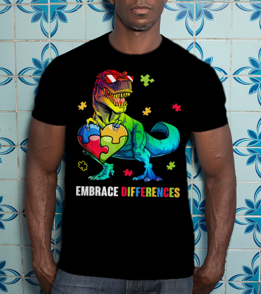 Embrace Differences Dinosaur Holding Heart Puzzle Pieces T-Shirt