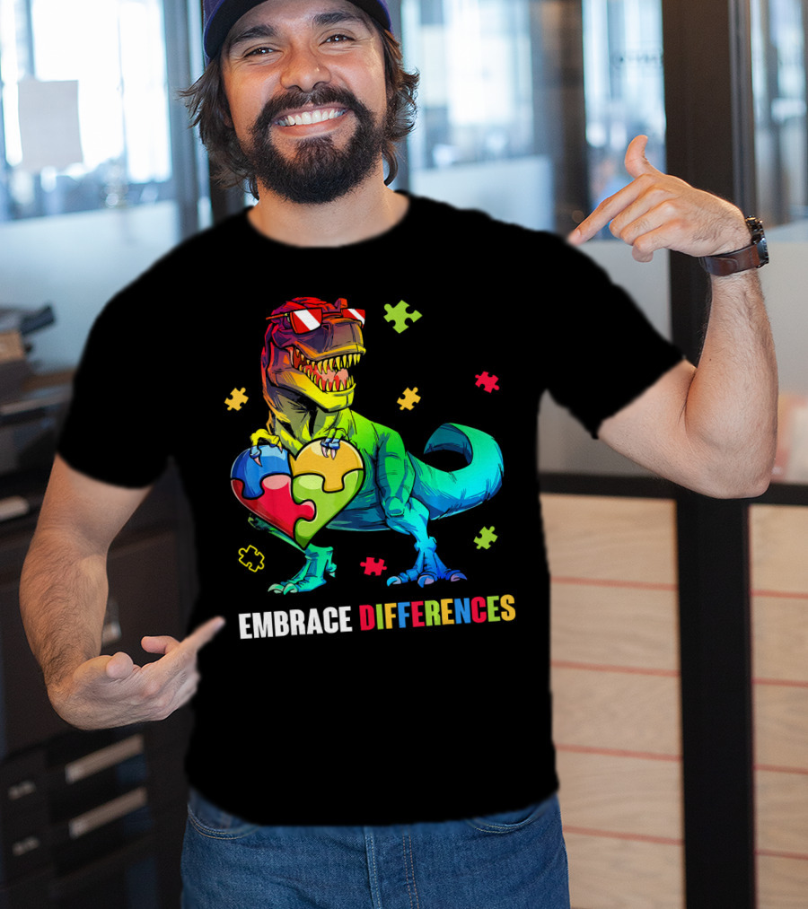 Embrace Differences Dinosaur Holding Heart Puzzle Pieces T-Shirt