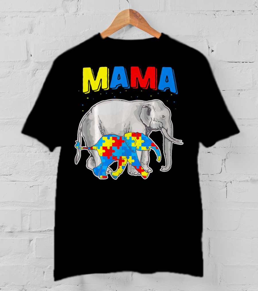 Mama Elephant Puzzle Piece Autism Awareness T-Shirt