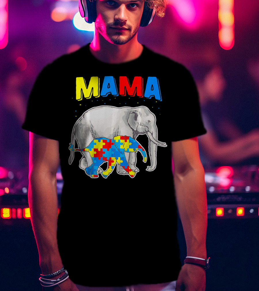 Mama Elephant Puzzle Piece Autism Awareness T-Shirt