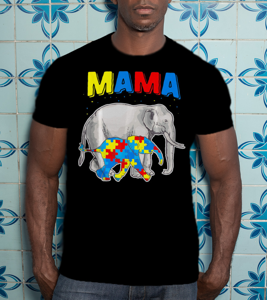 Mama Elephant Puzzle Piece Autism Awareness T-Shirt