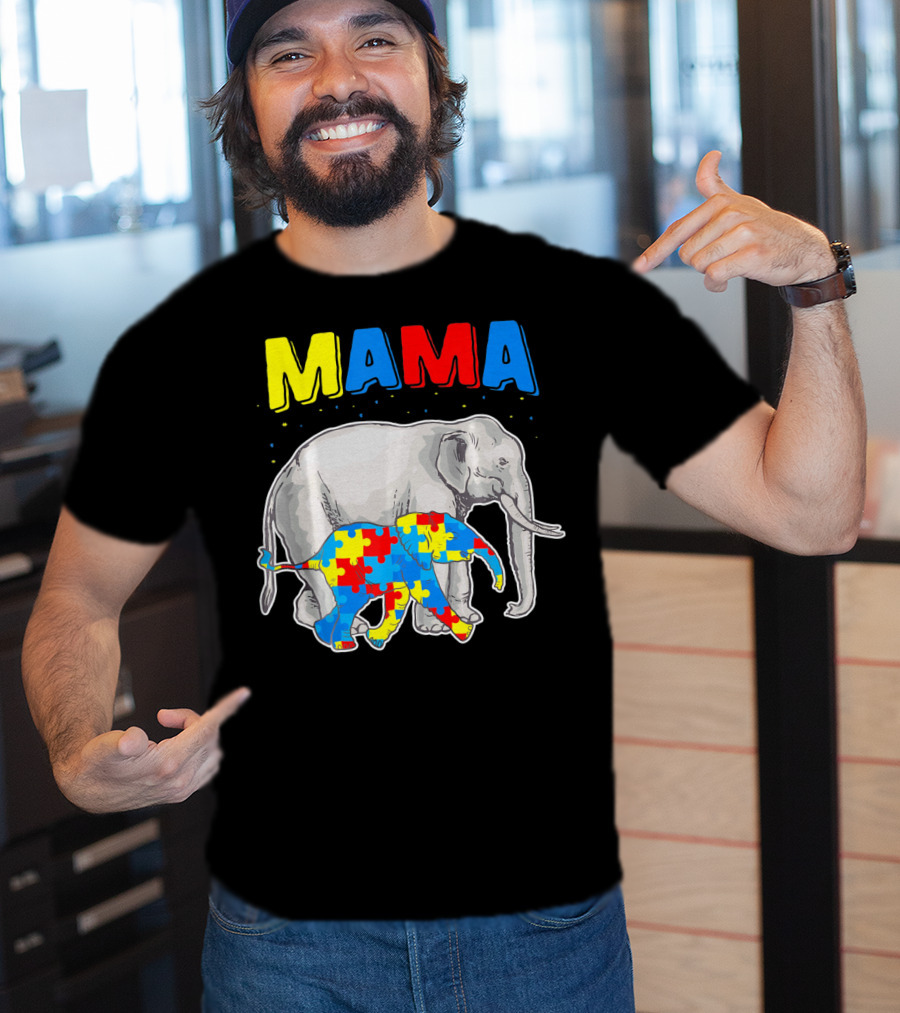 Mama Elephant Puzzle Piece Autism Awareness T-Shirt