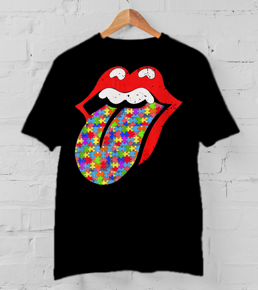 Red Lips Tongue Icon With Colorful Autism Awareness Puzzle Piece T-Shirt