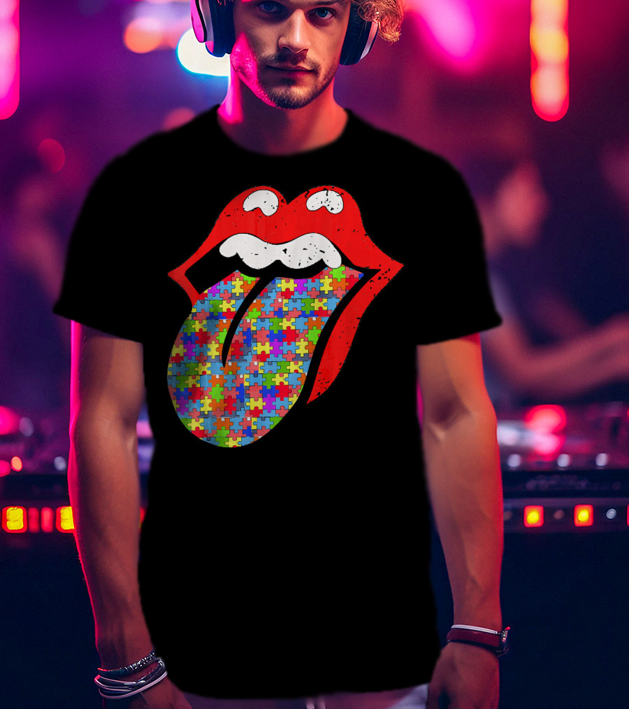 Red Lips Tongue Icon With Colorful Autism Awareness Puzzle Piece T-Shirt