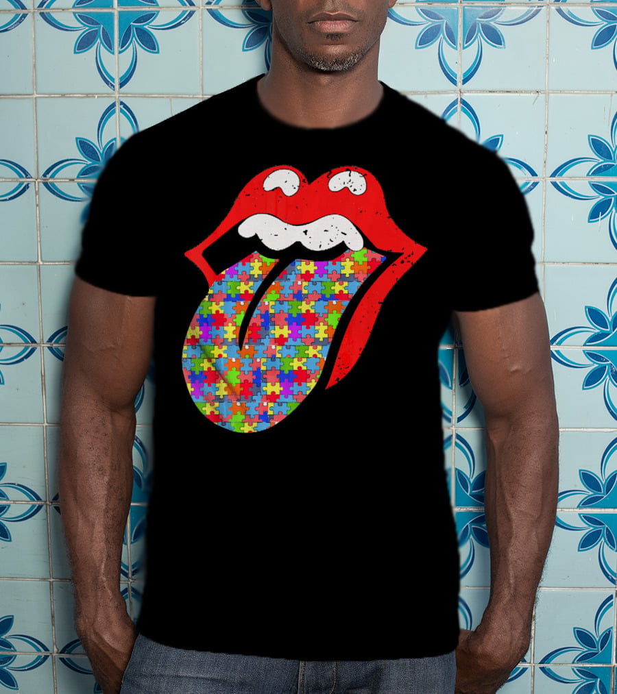 Red Lips Tongue Icon With Colorful Autism Awareness Puzzle Piece T-Shirt