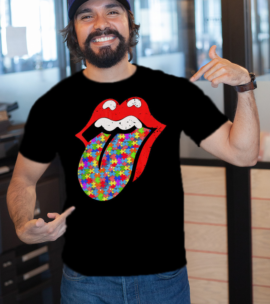 Red Lips Tongue Icon With Colorful Autism Awareness Puzzle Piece T-Shirt