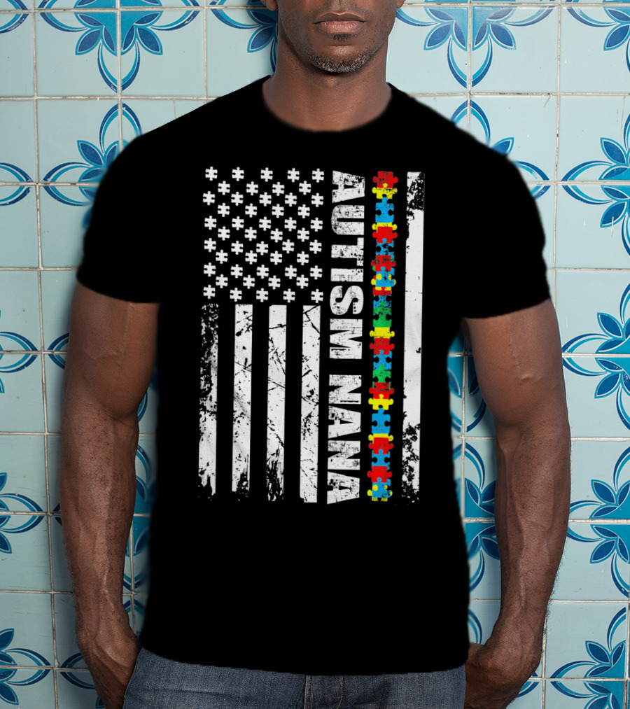 Autism Nana American Flag Puzzle Pieces Autism Awareness T-Shirt