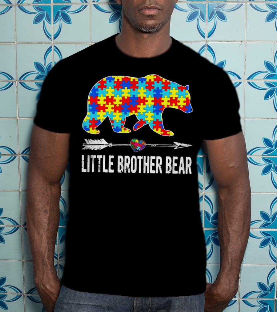 Proud Little Brother Bear Autism Awareness Puzzle T-Shirt