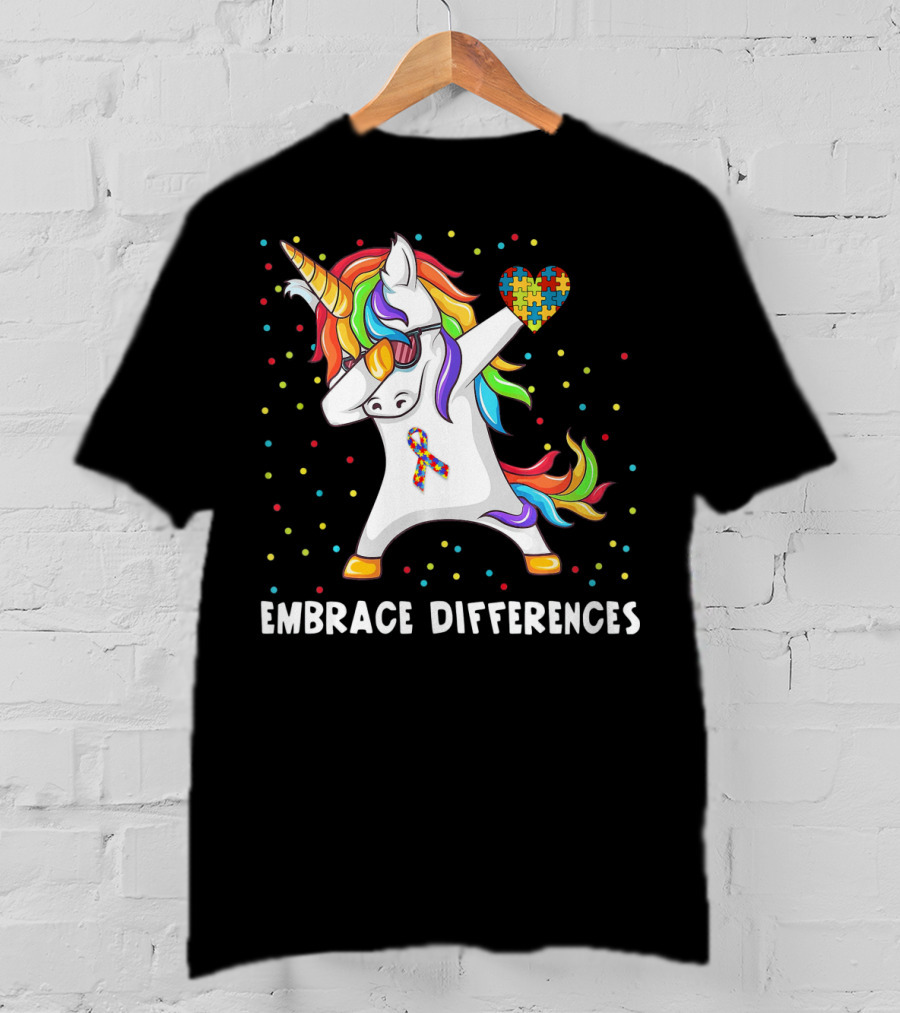 Embrace Differences Rainbow Dabbing Unicorn Puzzle Heart Autism Awareness T-Shirt