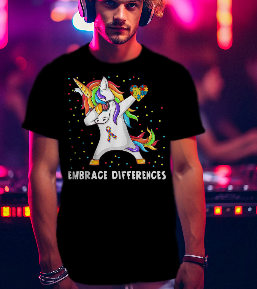 Embrace Differences Rainbow Dabbing Unicorn Puzzle Heart Autism Awareness T-Shirt