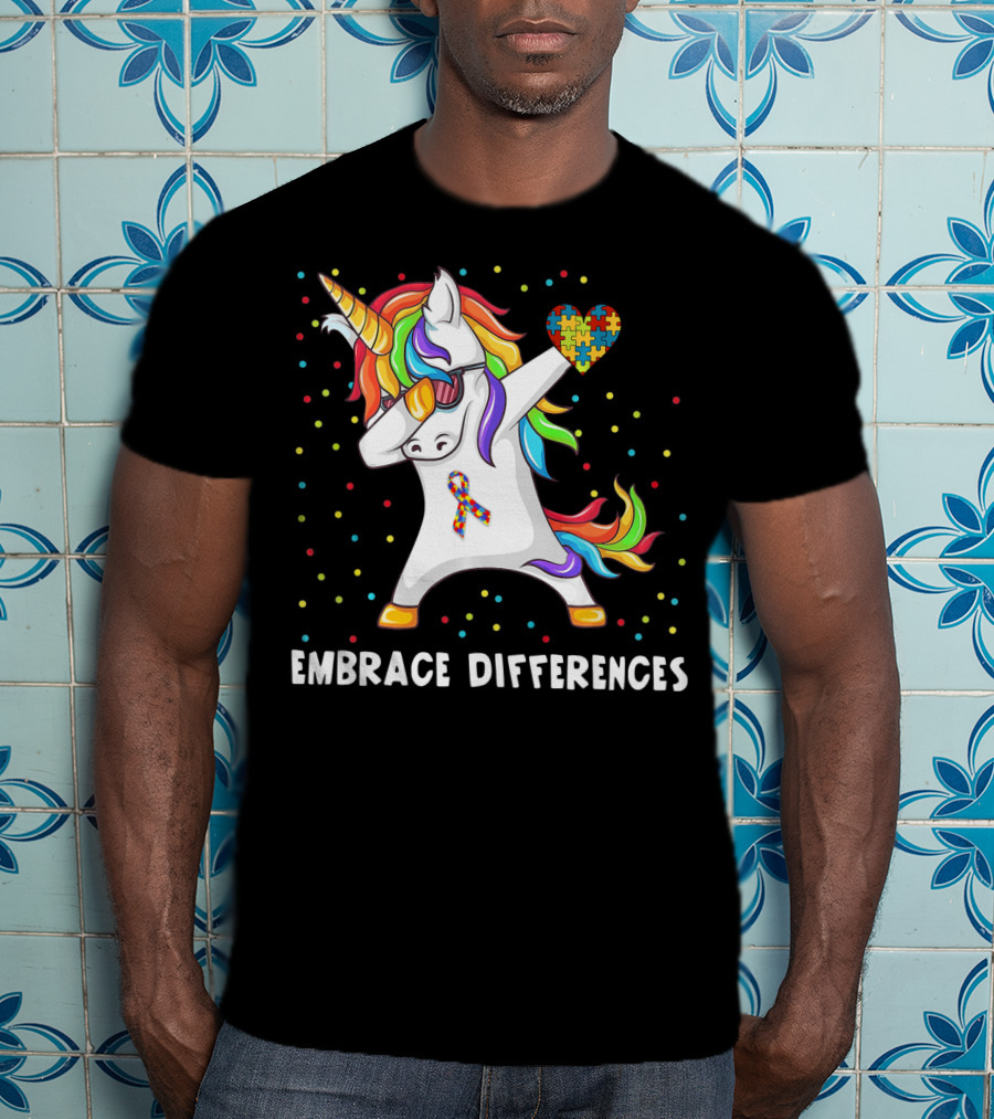 Embrace Differences Rainbow Dabbing Unicorn Puzzle Heart Autism Awareness T-Shirt