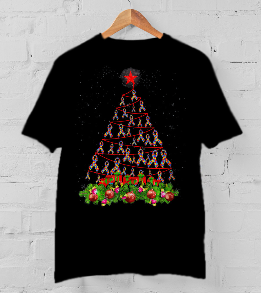 Autism Awareness Ribbon Christmas Tree With Red Star And Ornaments T-Shirt