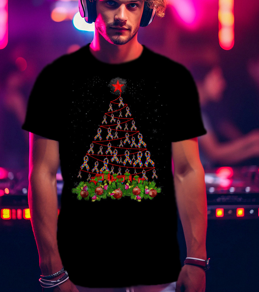 Autism Awareness Ribbon Christmas Tree With Red Star And Ornaments T-Shirt