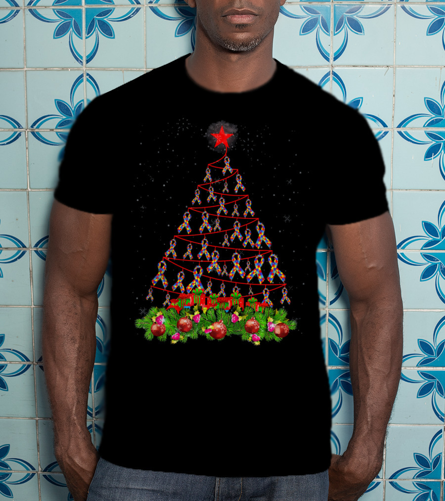 Autism Awareness Ribbon Christmas Tree With Red Star And Ornaments T-Shirt