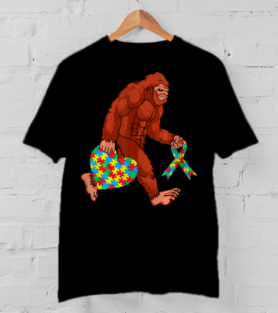 Funny Bigfoot Holding Autism Awareness Puzzle Heart T-Shirt