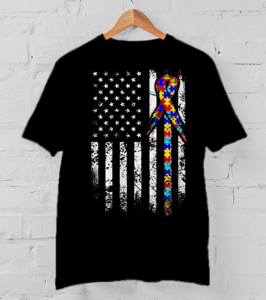 BACK PRINT Autism Awareness USA Flag Puzzle T-Shirt