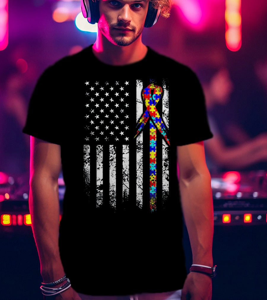 BACK PRINT Autism Awareness USA Flag Puzzle T-Shirt
