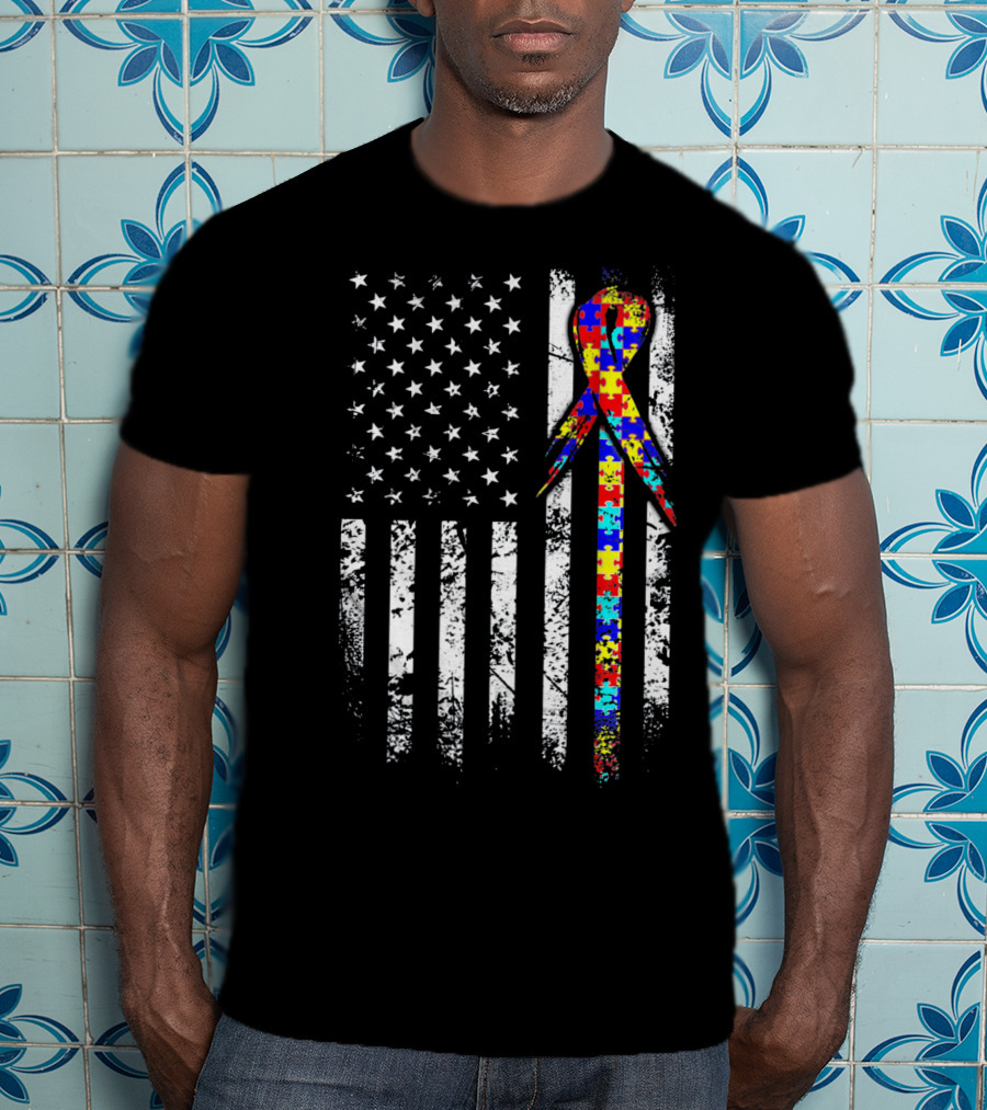 BACK PRINT Autism Awareness USA Flag Puzzle T-Shirt