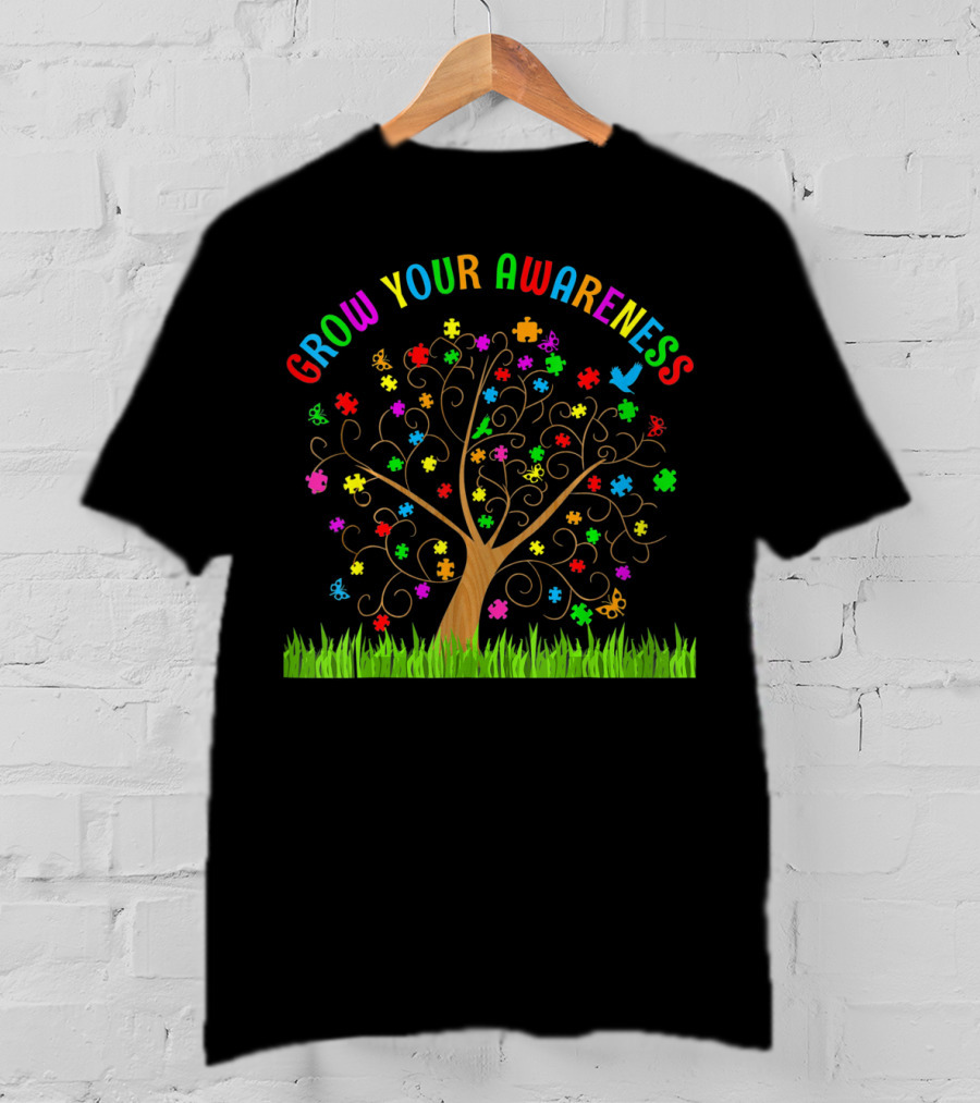 Grow Your Awareness Autism Puzzle Tree Rainbow Colors T-Shirt