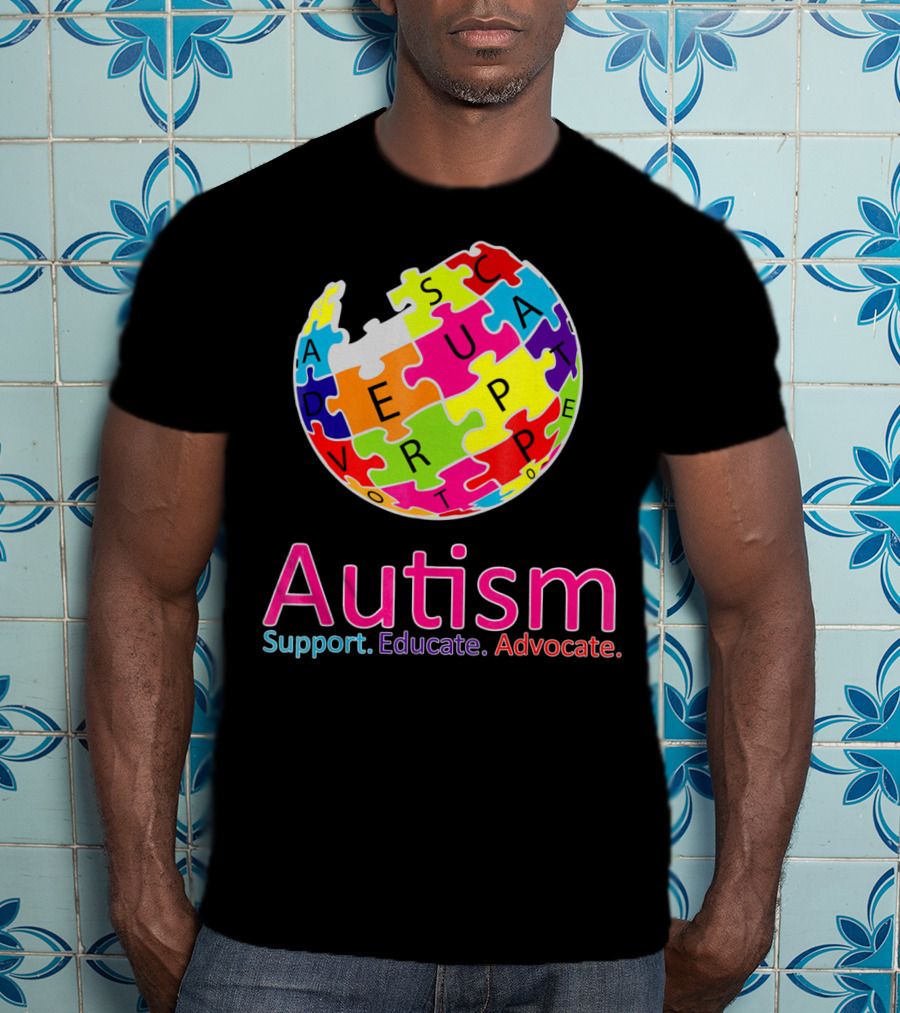 Autism Support Educate Advocate Puzzle Globe T-Shirt