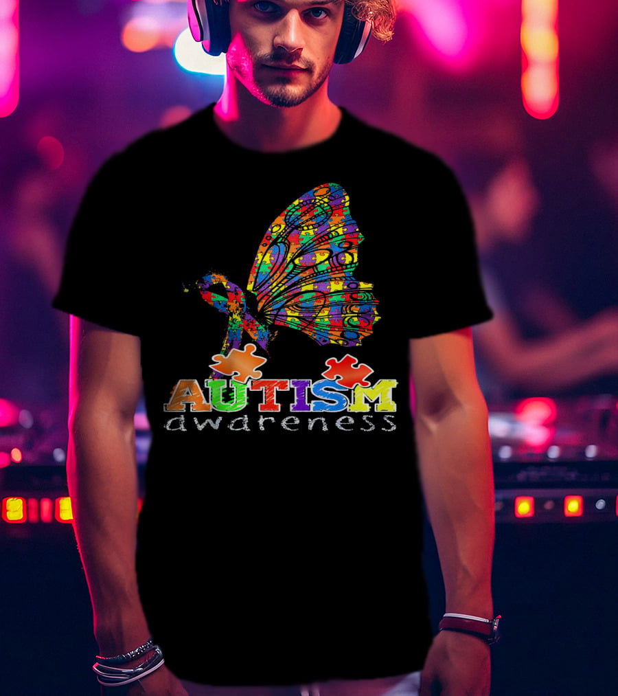 Autism Awareness Butterfly Ribbon Puzzle Autism Awareness T-Shirt