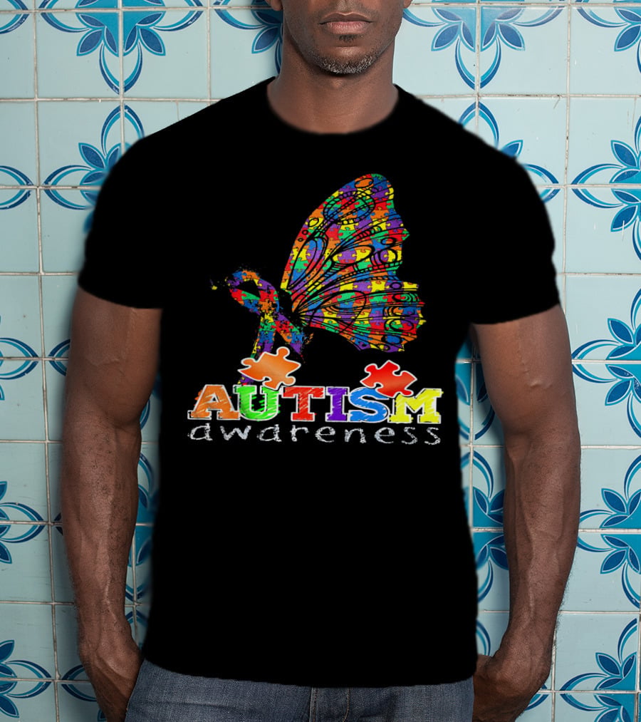 Autism Awareness Butterfly Ribbon Puzzle Autism Awareness T-Shirt