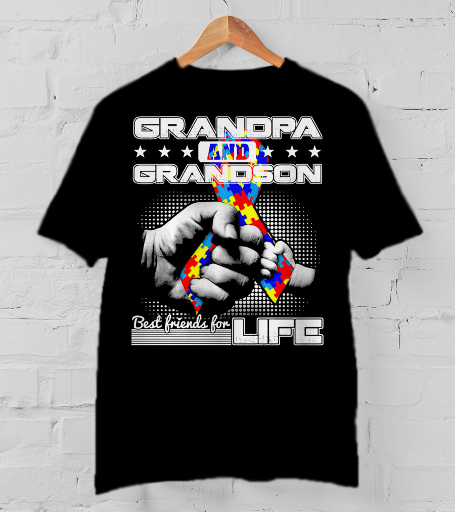 Grandpa And Grandson Best Friends For Life With Autism Puzzle T-Shirt