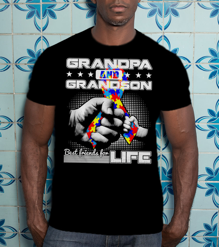 Grandpa And Grandson Best Friends For Life With Autism Puzzle T-Shirt