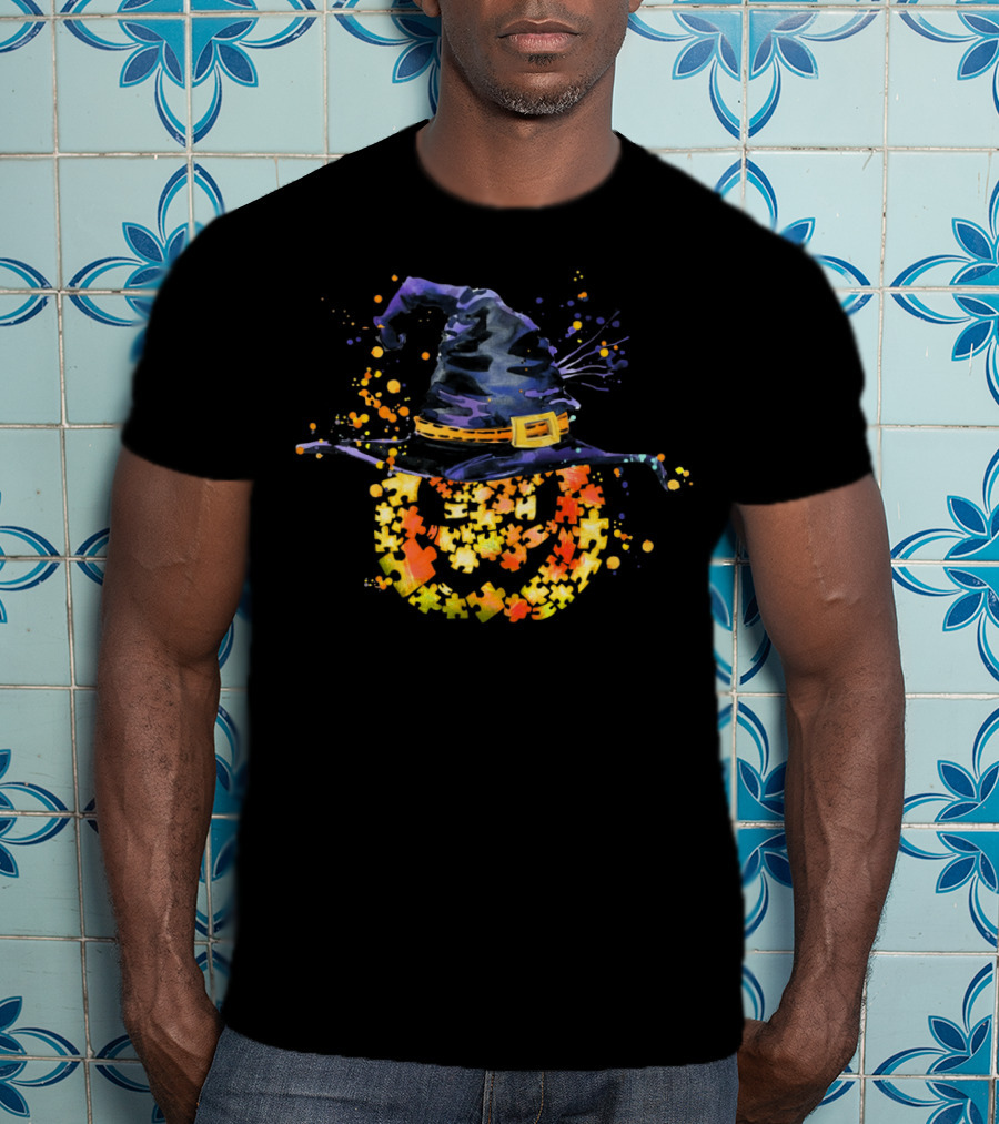 Witch Hat Pumpkin Puzzle Autism Awareness T-Shirt