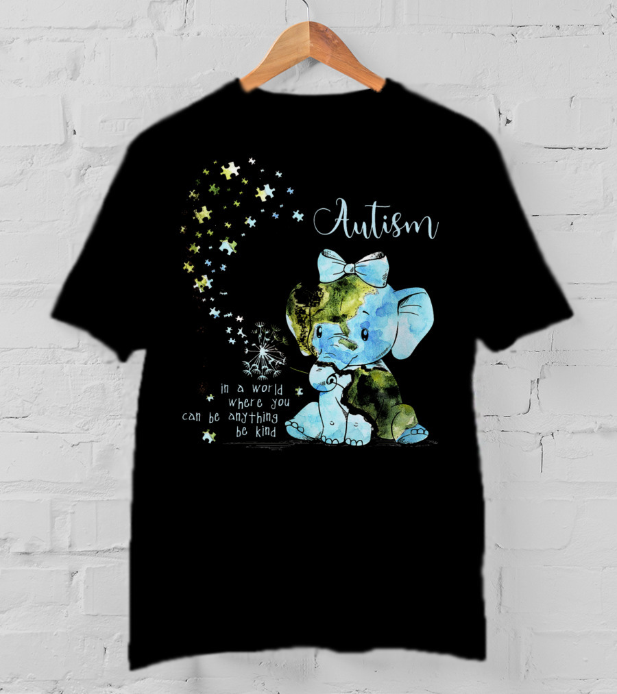 Autism Awareness Be Kind Elephant Dandelion Puzzle Pieces T-Shirt