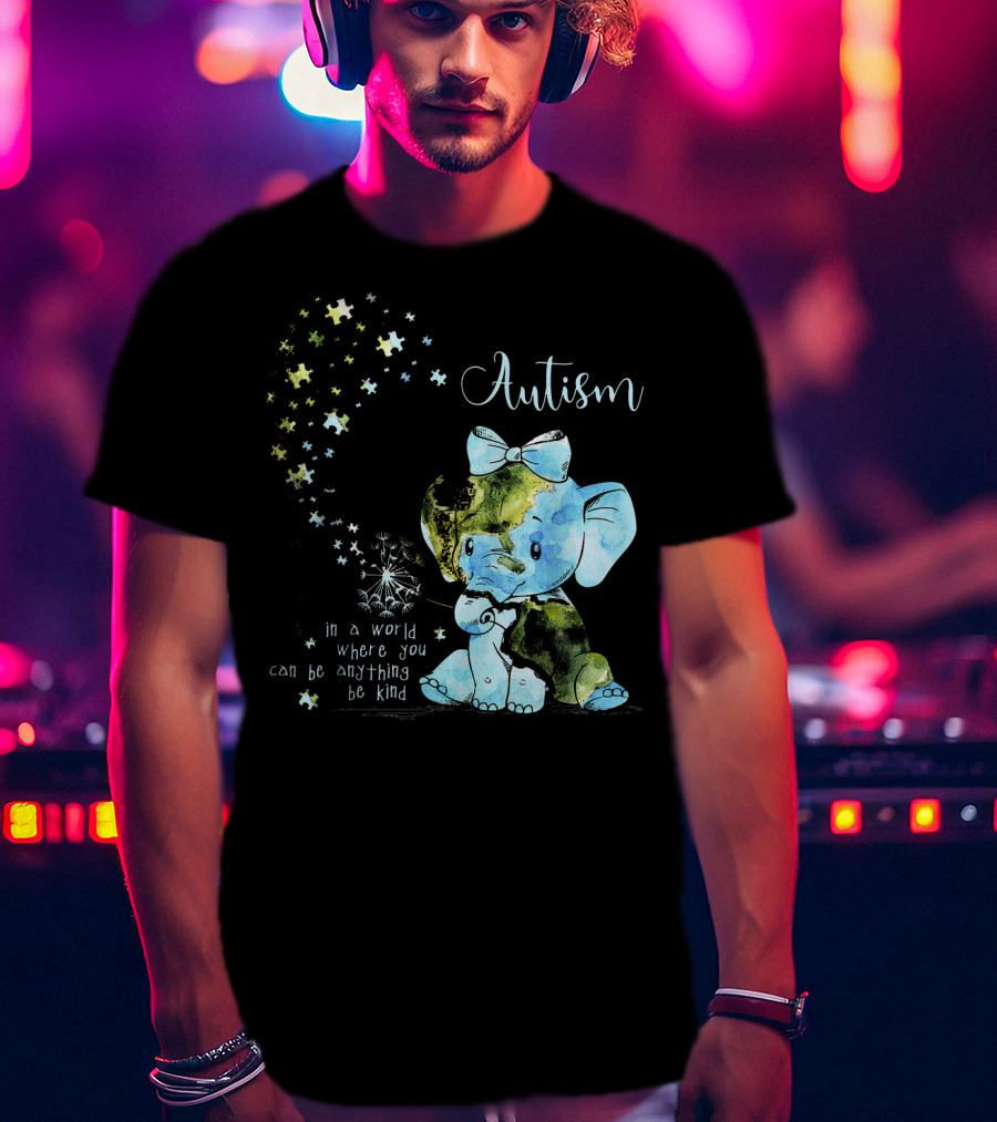 Autism Awareness Be Kind Elephant Dandelion Puzzle Pieces T-Shirt